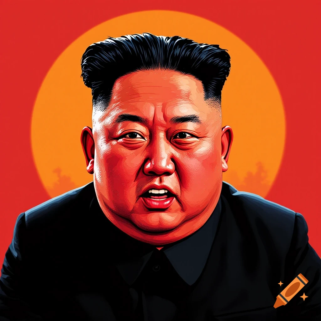 Stylized portrait of Kim Jong Un against a red background
