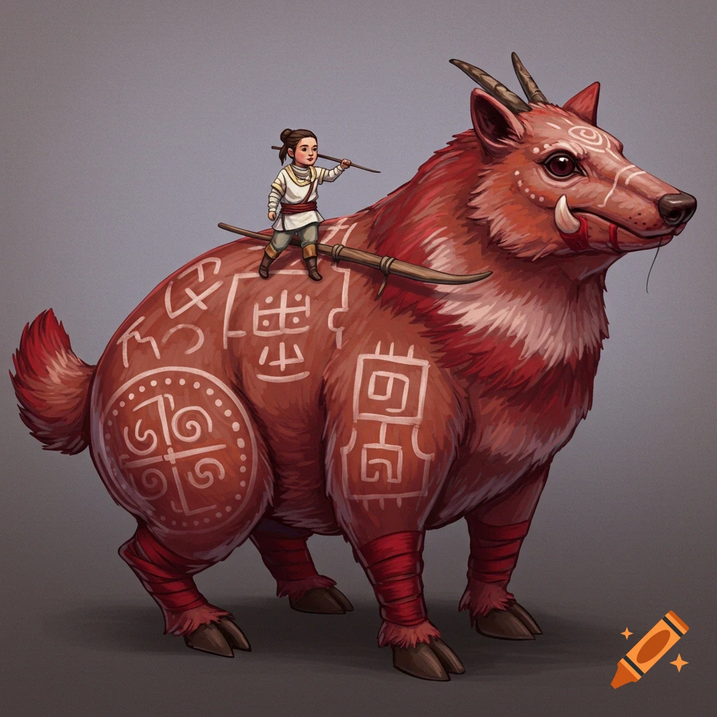 A child rides a large red fantasy creature decorated with white symbols.