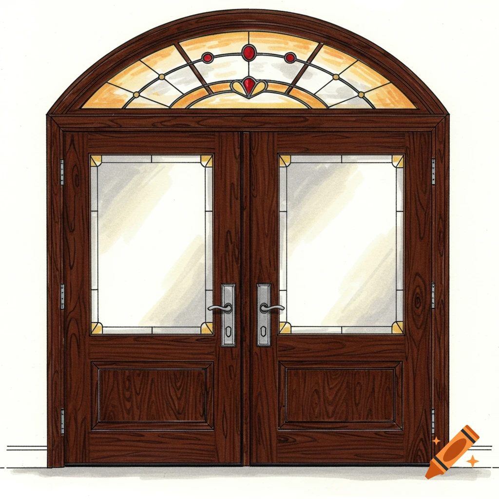 A drawing of double doors with a semicircular stained glass window above.
