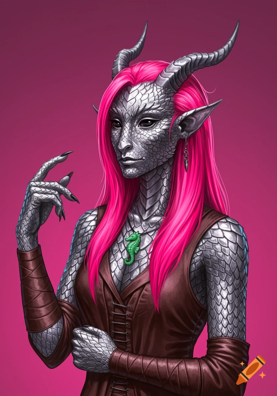 Digital illustration of a female dragonborn with silver scales, pink hair, horns, wearing leather and a seahorse necklace.