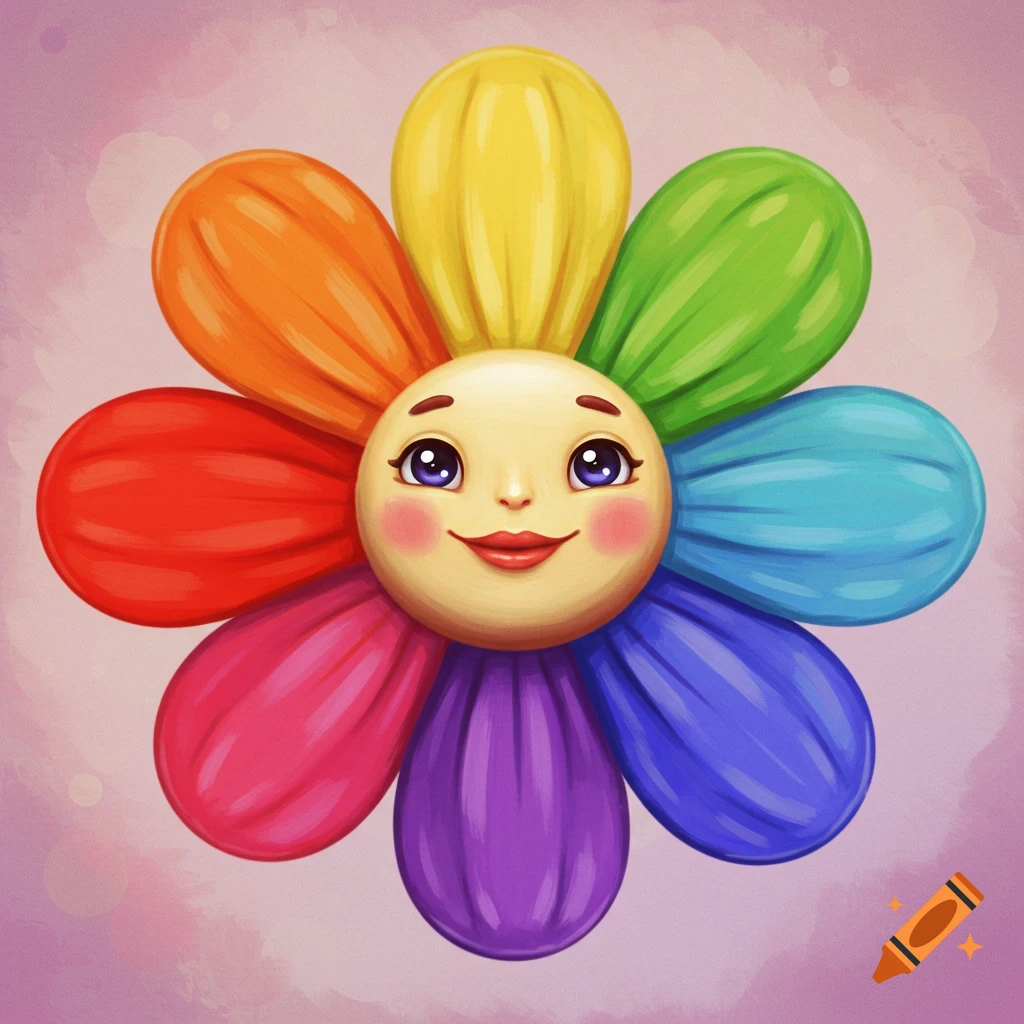 A cheerful rainbow flower with a smiling face