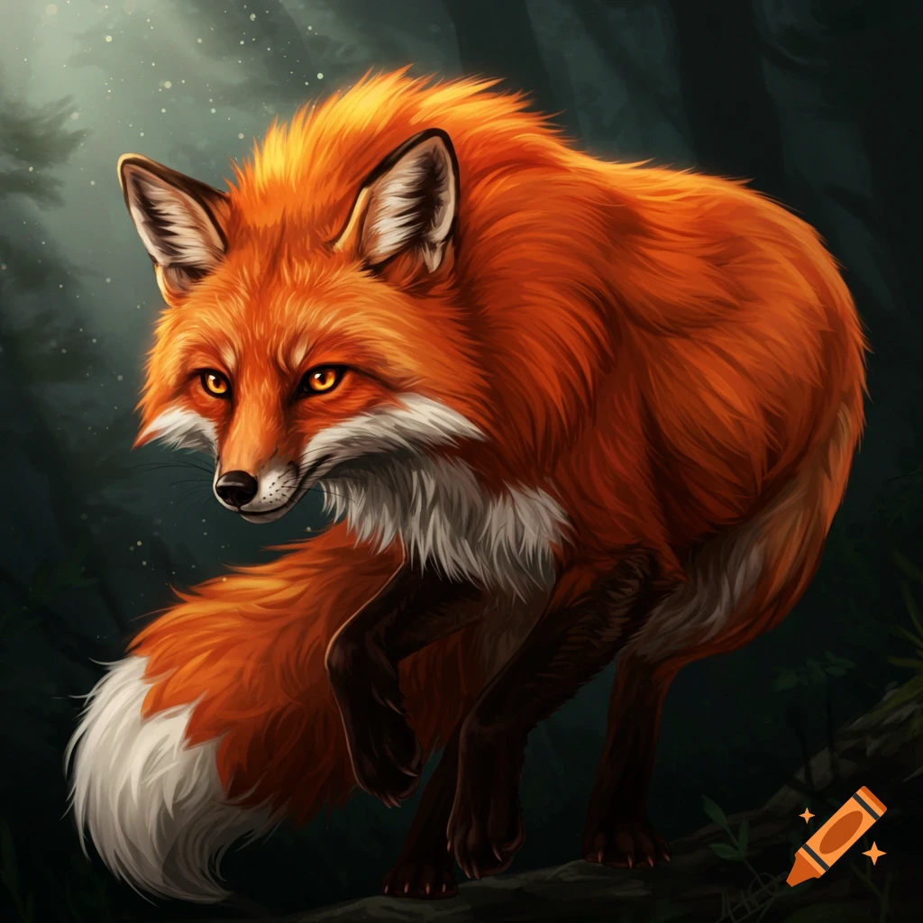 A red fox with glowing eyes is in a dark forest.