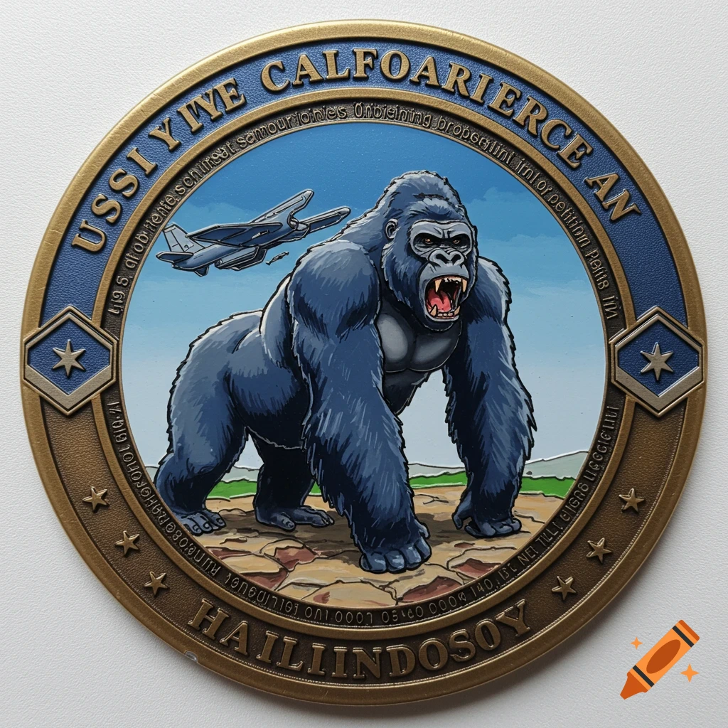A military challenge coin features a fierce blue gorilla and an airplane.