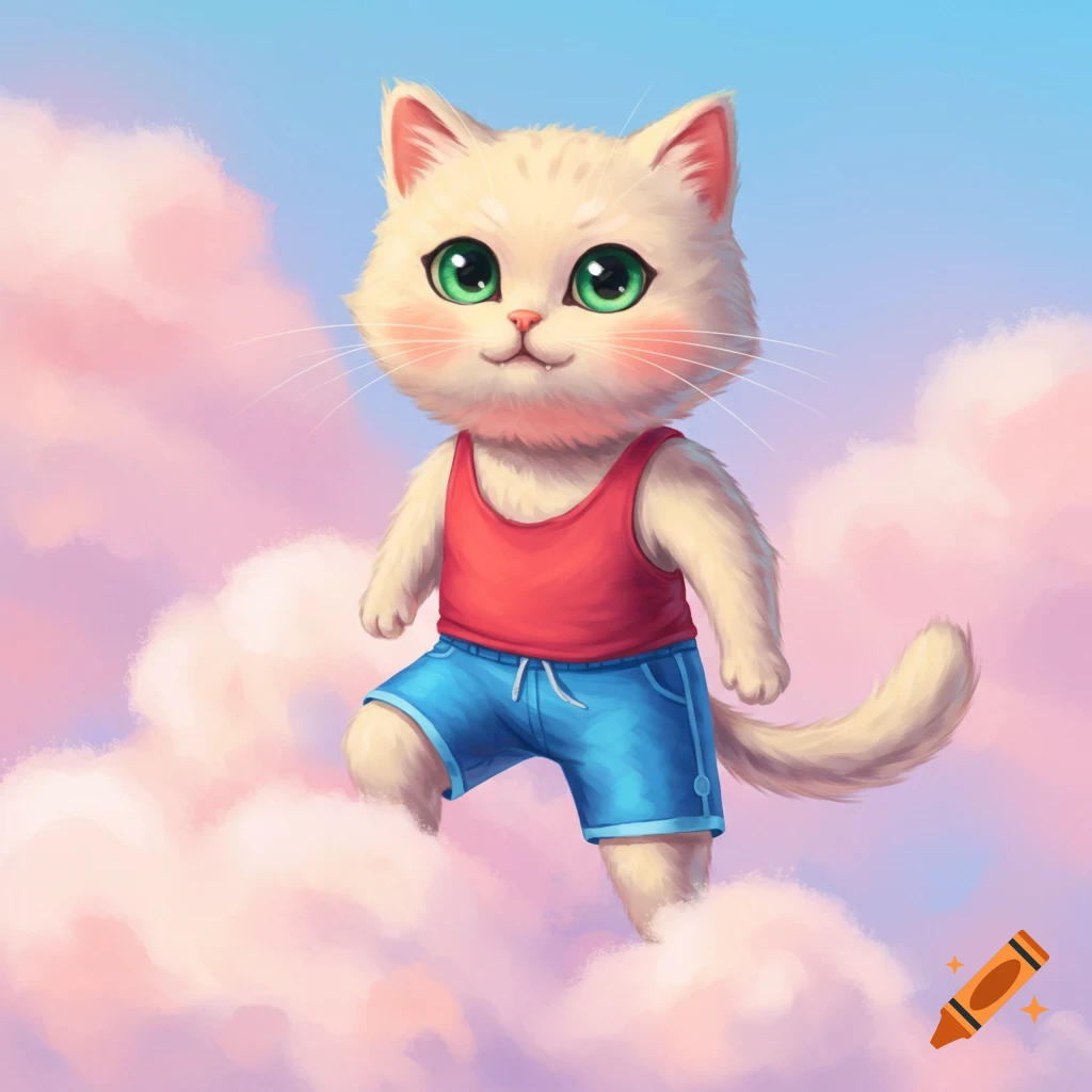 A cartoon cat wearing a red tank top and blue shorts stands among pink clouds.