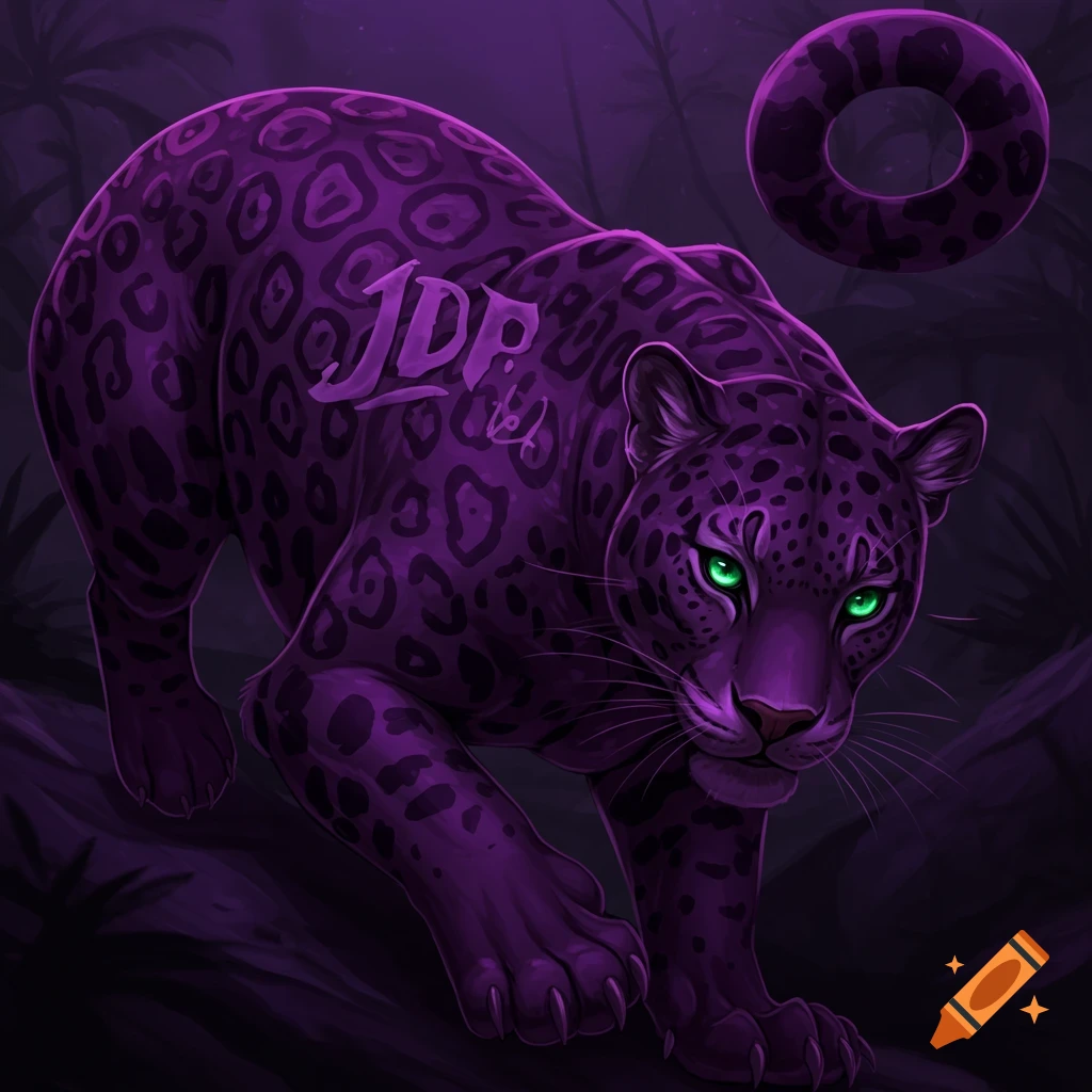 A purple and black jaguar with glowing green eyes and 'JDP' on its back stands in a dark jungle.