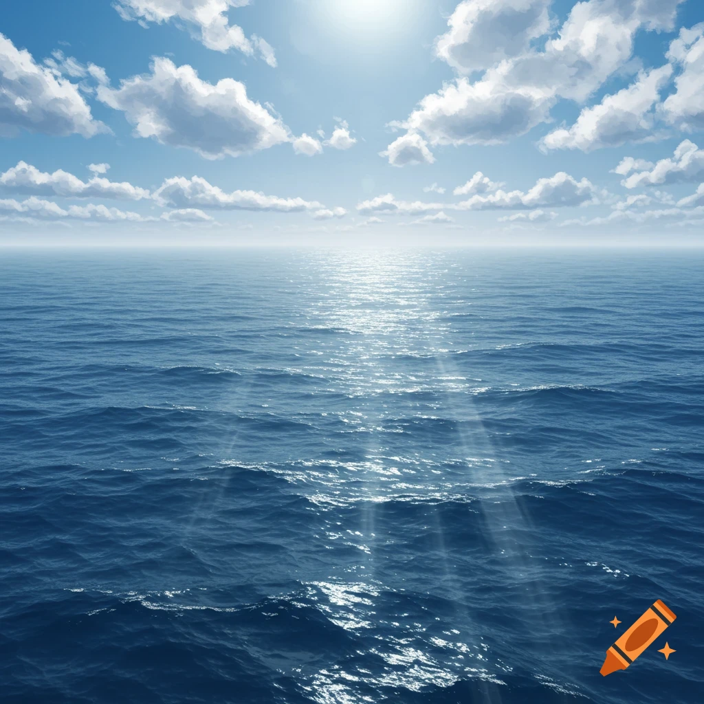 A sunny ocean scene with clouds and light rays on the water.