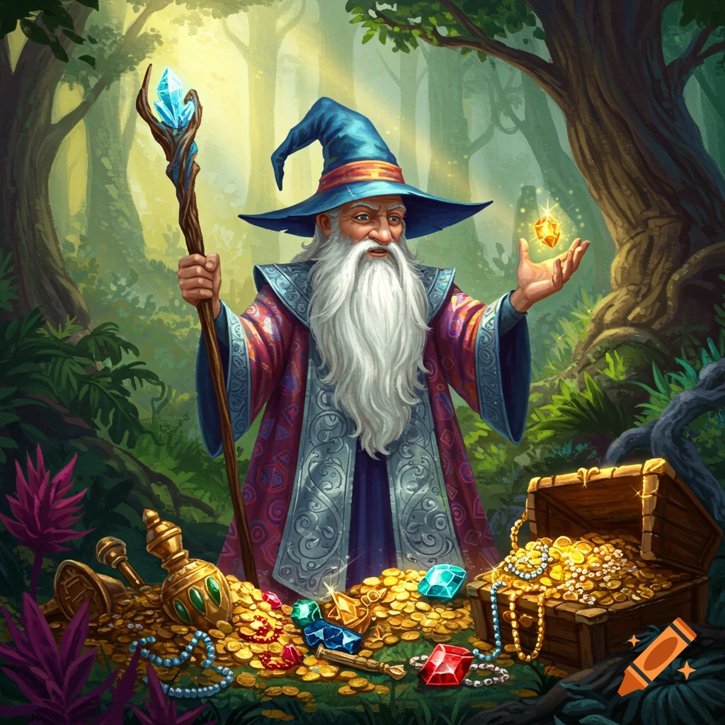 A wizard in a forest with a treasure chest