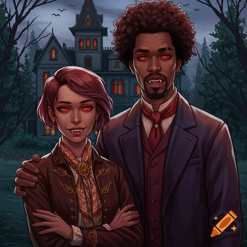 Two vampires with red eyes standing in front of a gothic mansion.