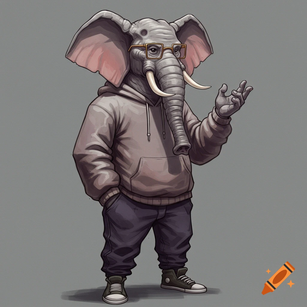 An anthropomorphic elephant wearing a hoodie, pants, and glasses, gesturing.