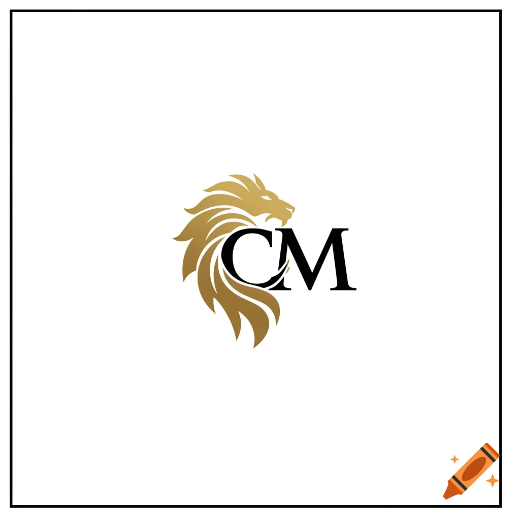 A stylized gold lion's head and mane with the black letters CM intertwined within the mane, on a white background.