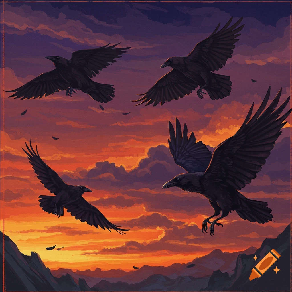Four ravens flying against a fiery sunset sky over mountains.