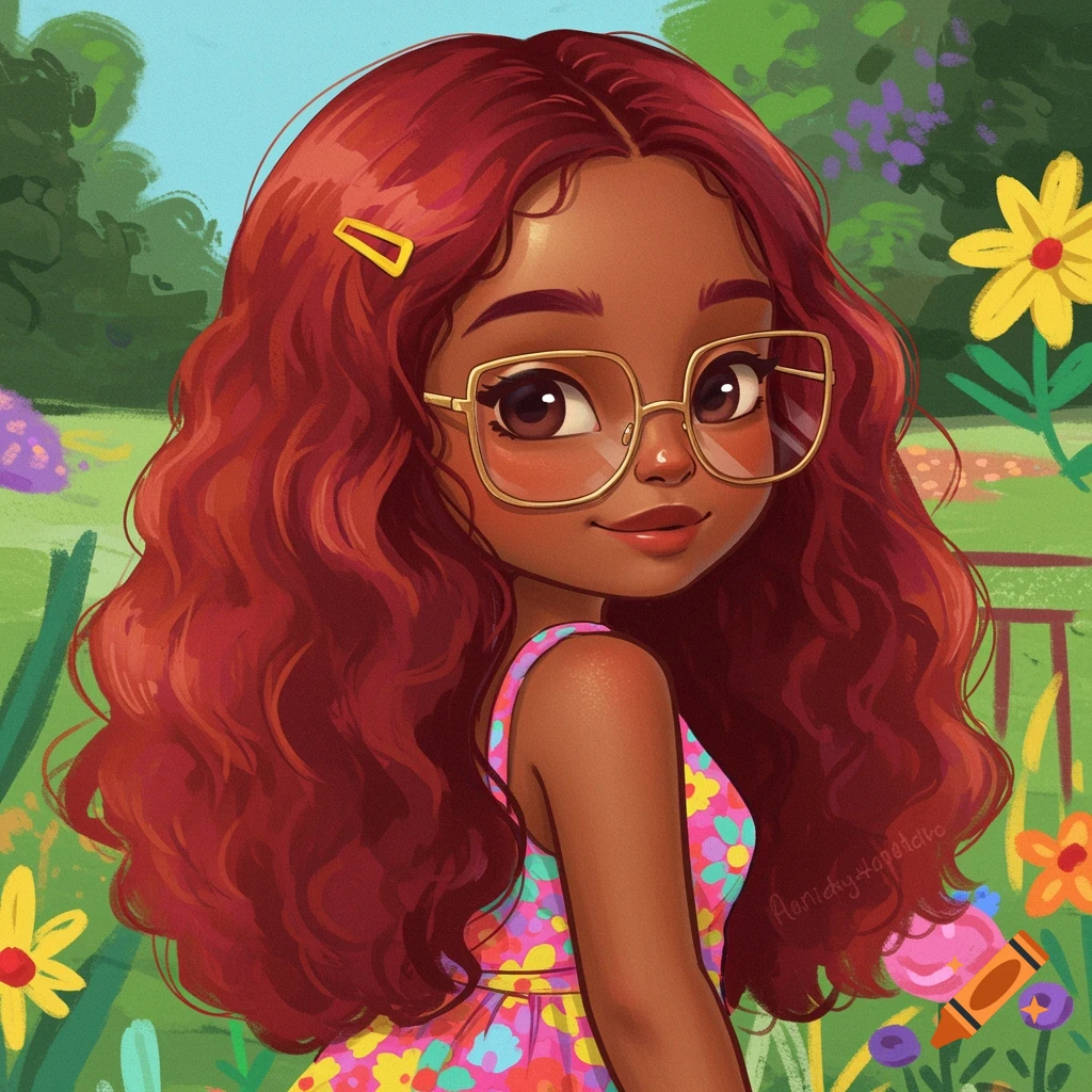 Young Black girl with red hair and glasses in a vibrant floral dress in a park.