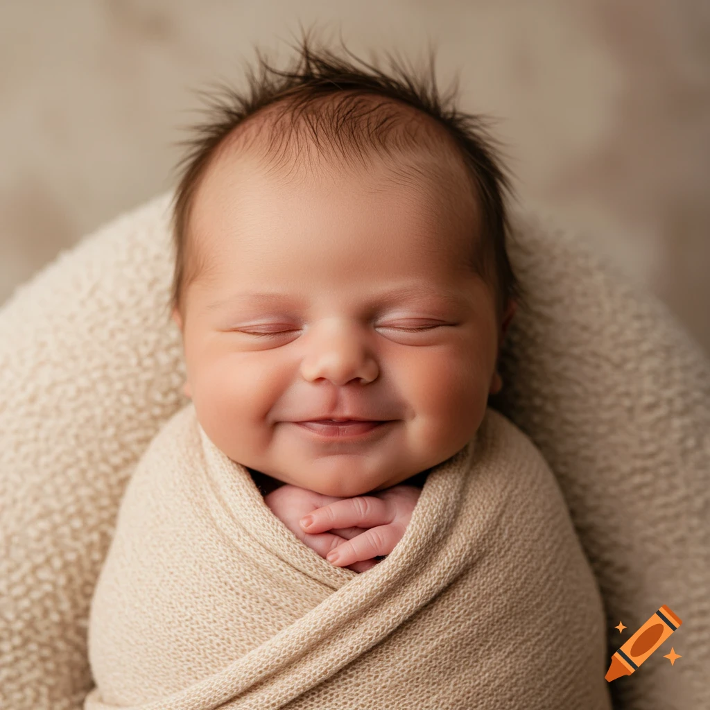 Photorealistic portrait of a swaddled newborn baby smiling