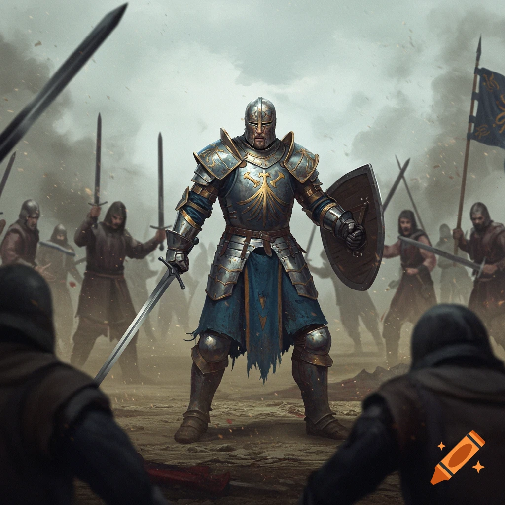 A knight in ornate armor stands ready for battle against multiple swordsmen.