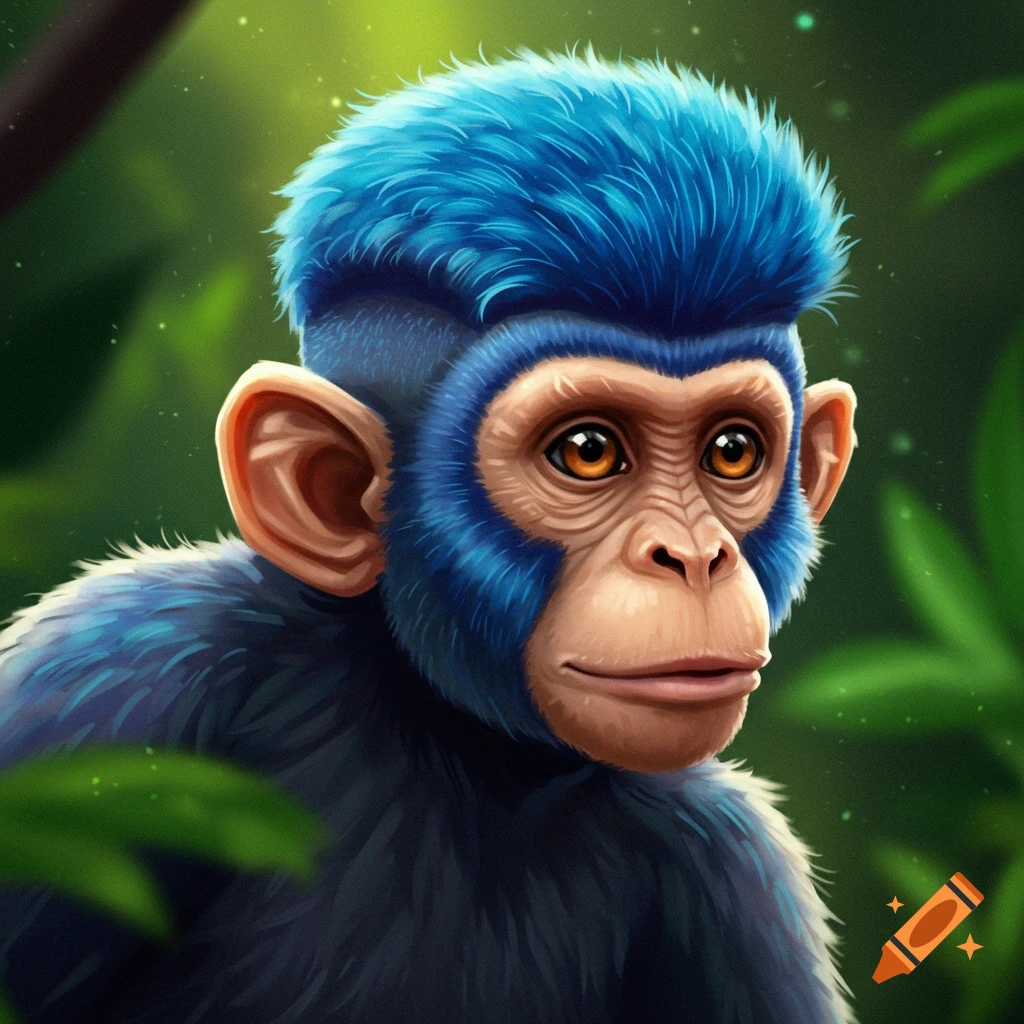 A cute monkey with blue hair in a jungle.