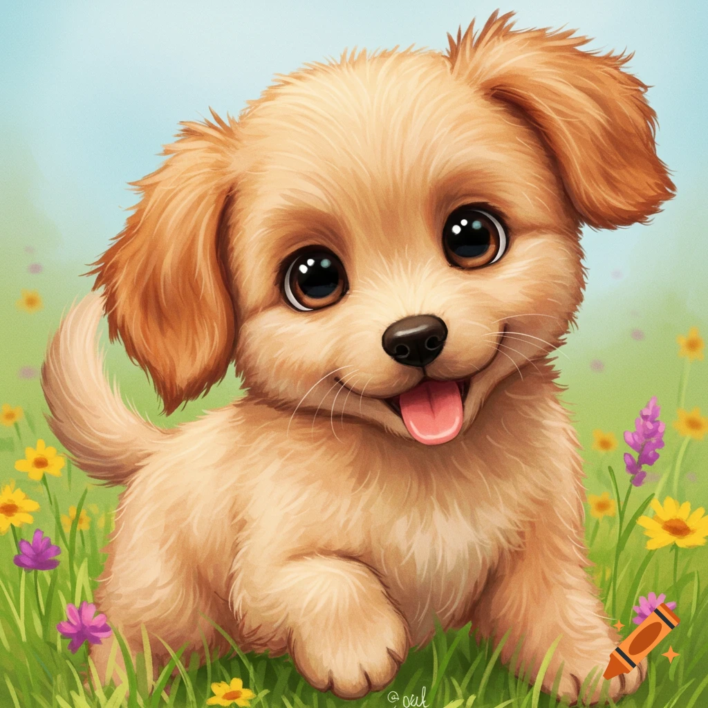 A cute puppy sitting in a field of colorful flowers