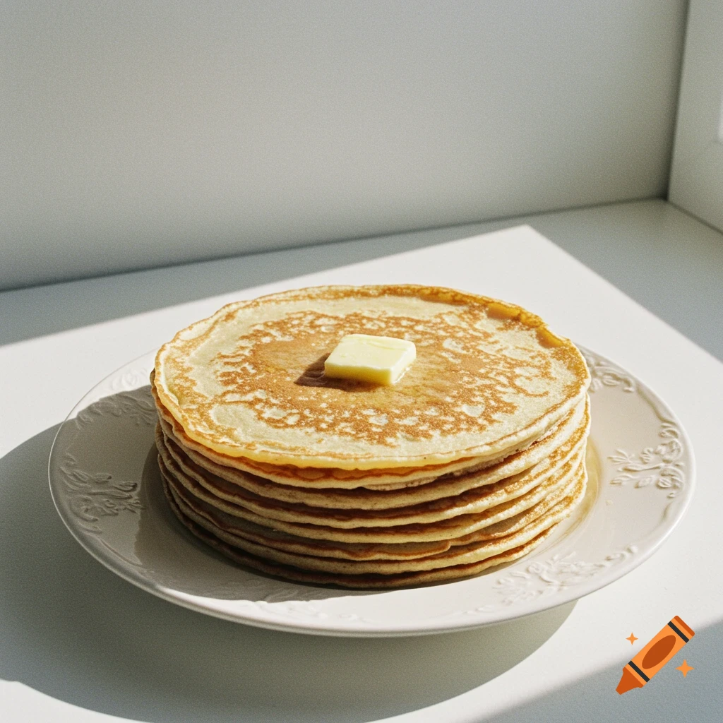 Stack of pancakes with butter on a plate in bright sunlight