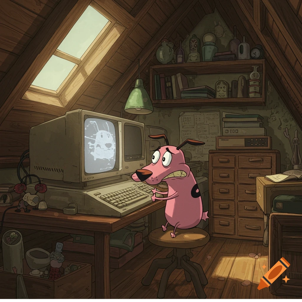Courage the Cowardly Dog looking scared at a computer screen in a Studio Ghibli style attic.