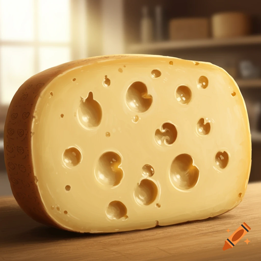 A large wedge of Swiss cheese on a wooden table.