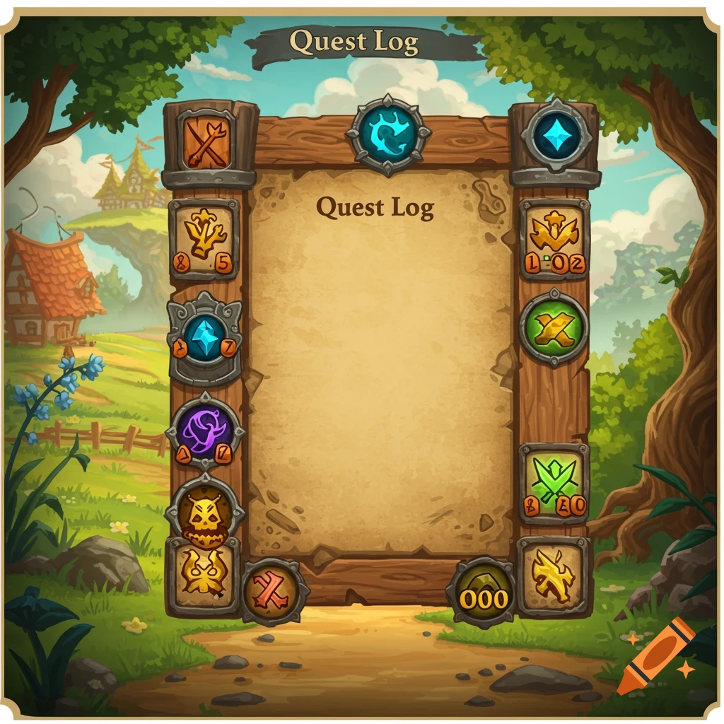 A fantasy video game quest board frame with a blank parchment area, set in a stylized forest landscape.