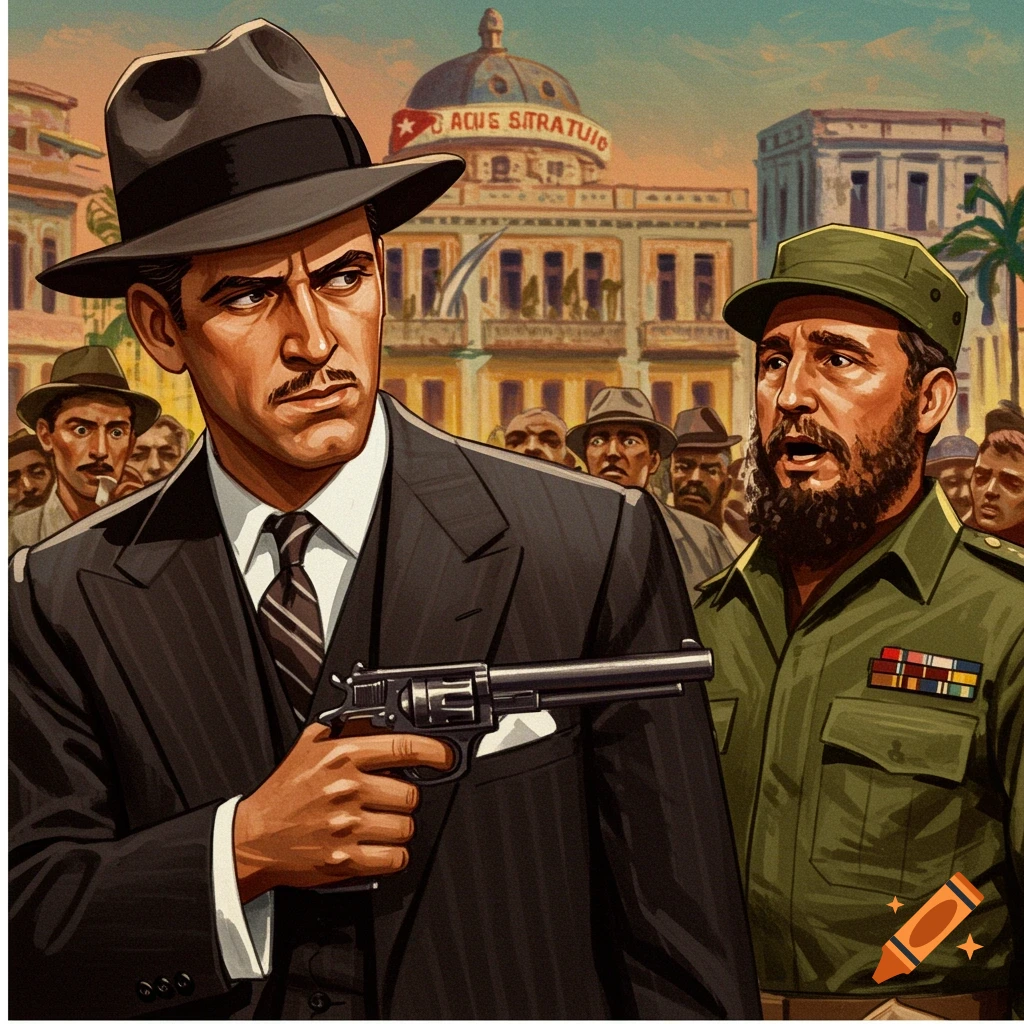 Illustration in vintage movie poster style showing a man in a fedora aiming a pistol next to Fidel Castro in a crowded street.
