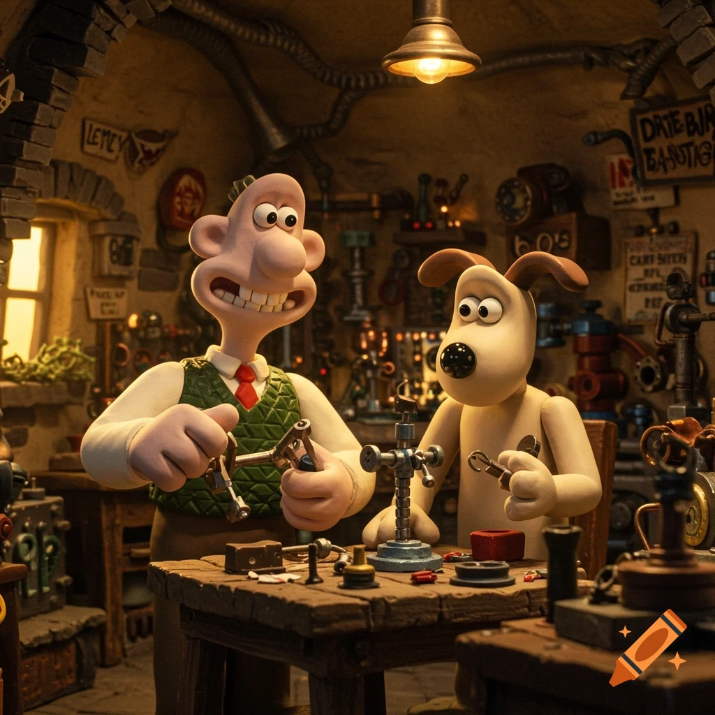 Wallace and Gromit working on a contraption in their workshop, in claymation style.