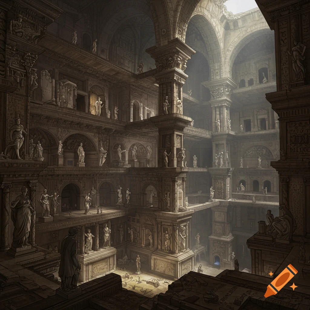 A vast, multi-level hall filled with numerous statues and architectural details, rendered in a detailed drawing style.
