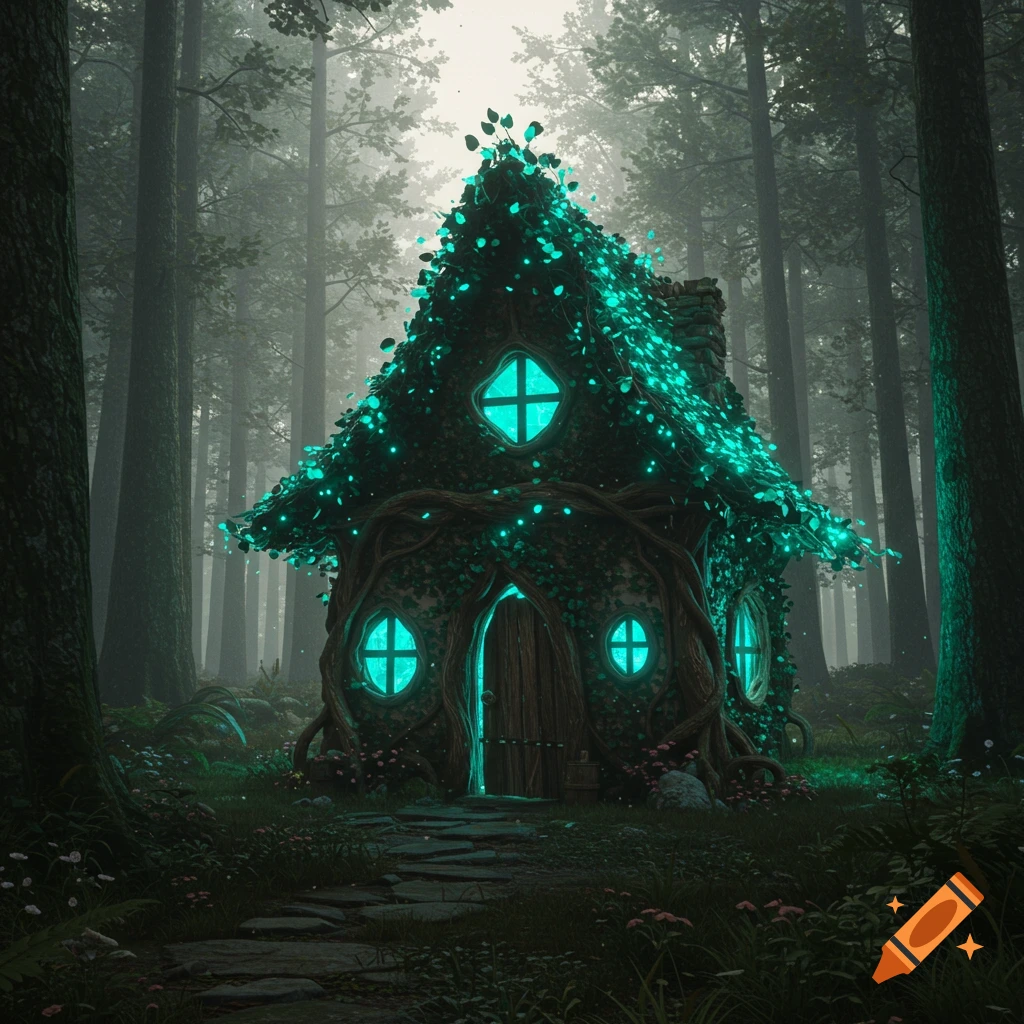 A fantasy cottage made of intertwined branches and glowing teal leaves stands in a misty forest