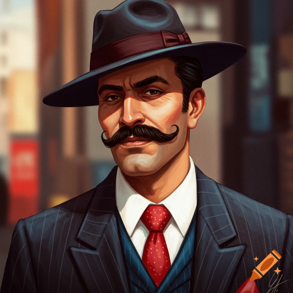 A man in a suit and hat with a mustache.