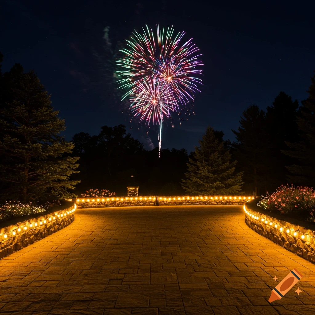 A stone driveway lined with string lights leads towards trees under a night sky with colorful fireworks exploding.