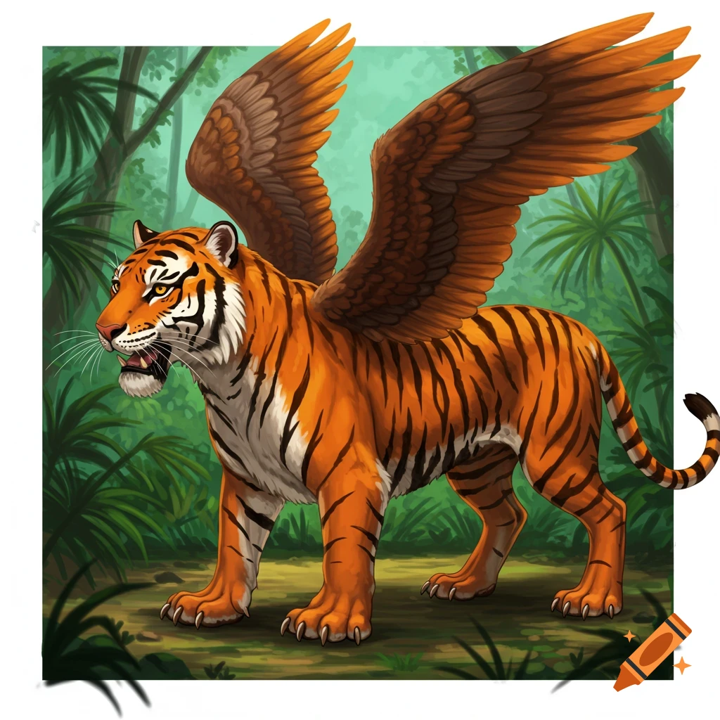 A winged tiger stands in a jungle clearing.