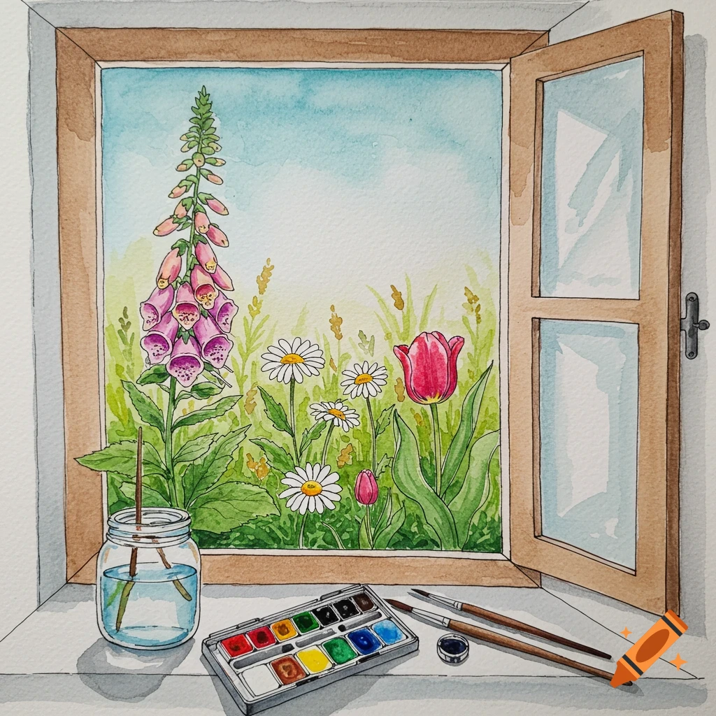 A watercolor painting of flowers outside an open window with art supplies on the windowsill.