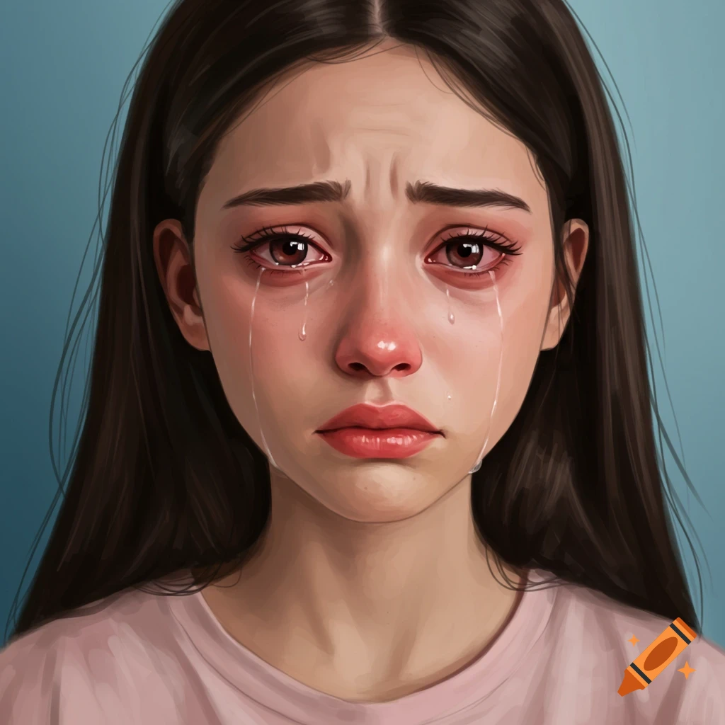 A young girl crying with red puffy eyes and tears streaming down her face.
