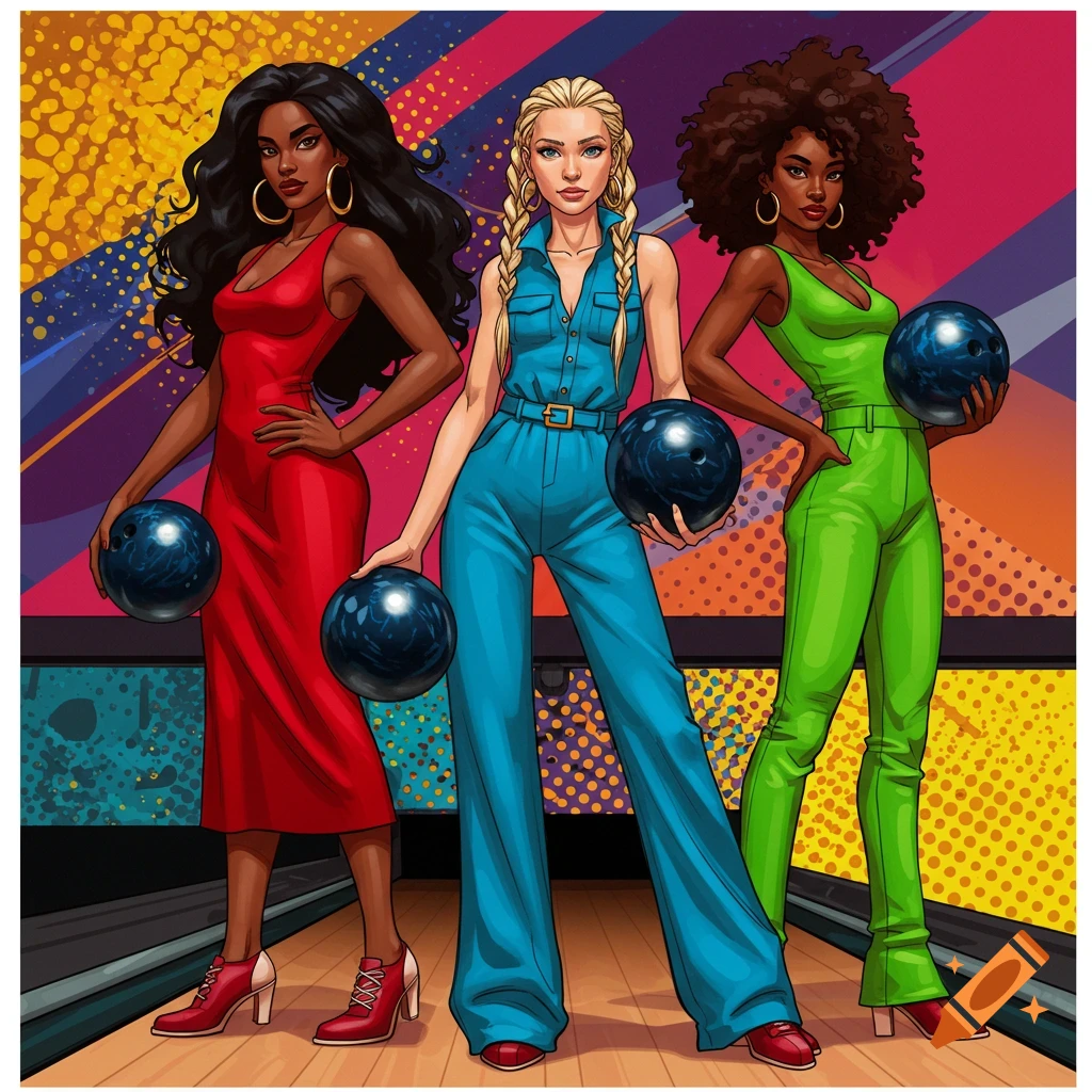 Three diverse women in colorful bowling outfits holding bowling balls on a lane.