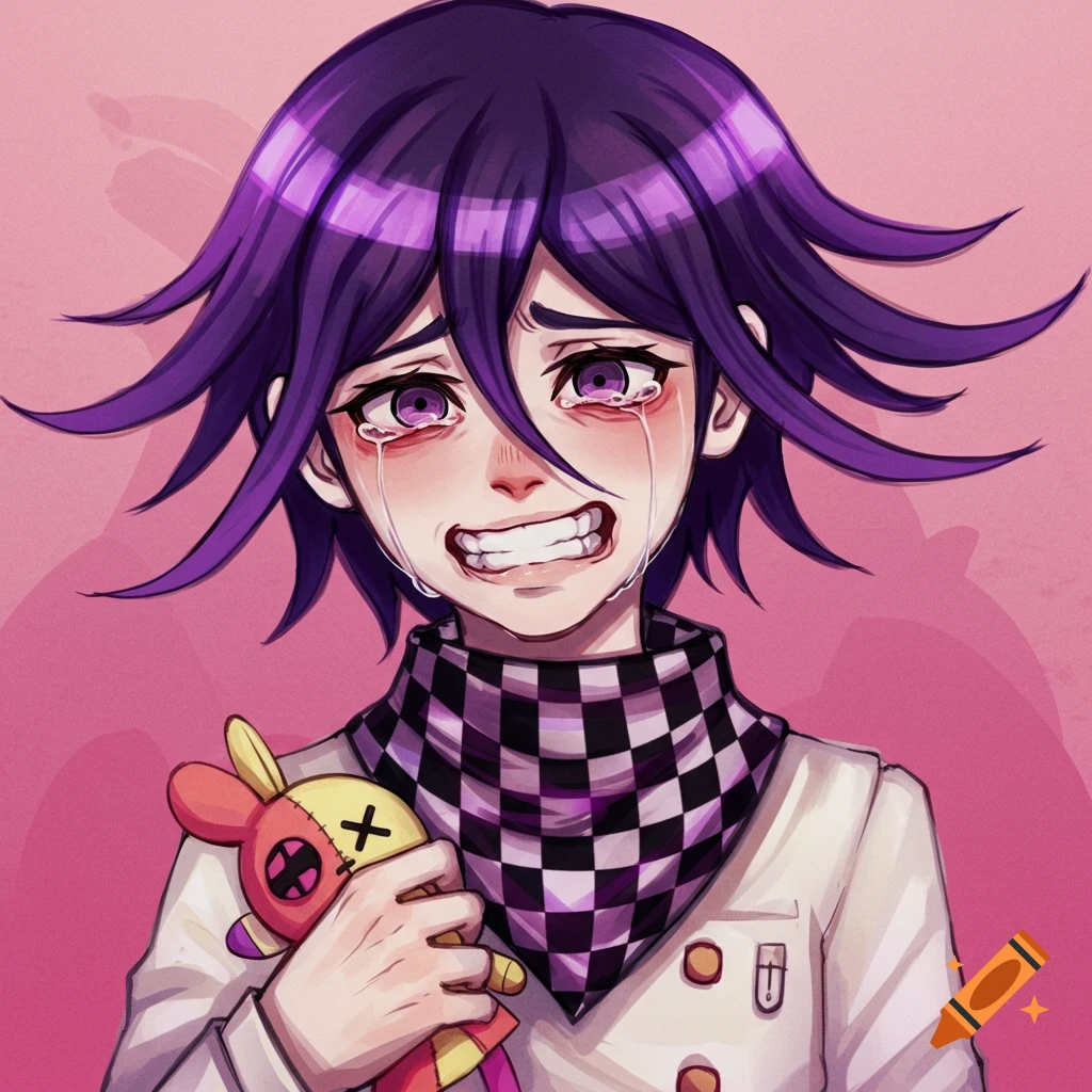 Anime character with purple hair crying while holding a bunny toy