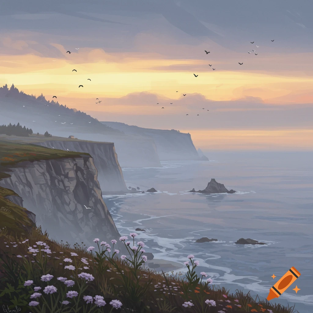 Misty coastal cliff at sunset with wildflowers in the foreground and birds overhead.