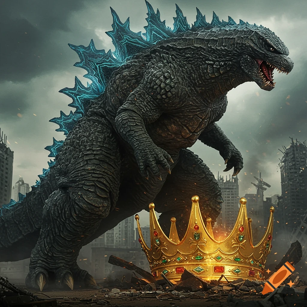 A giant monster resembling Godzilla stands over a large golden crown in a destroyed city.