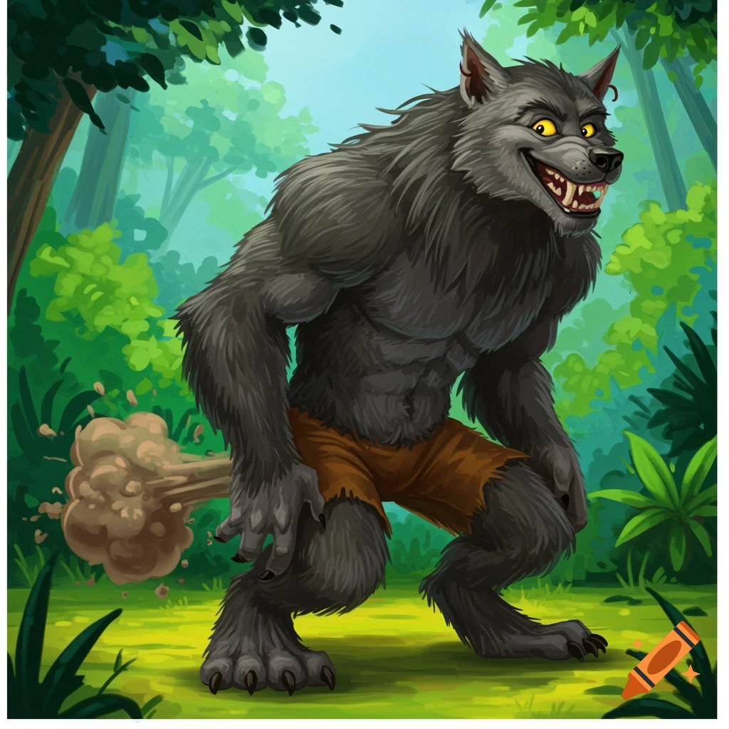 Cartoon of a werewolf farting in a forest clearing.