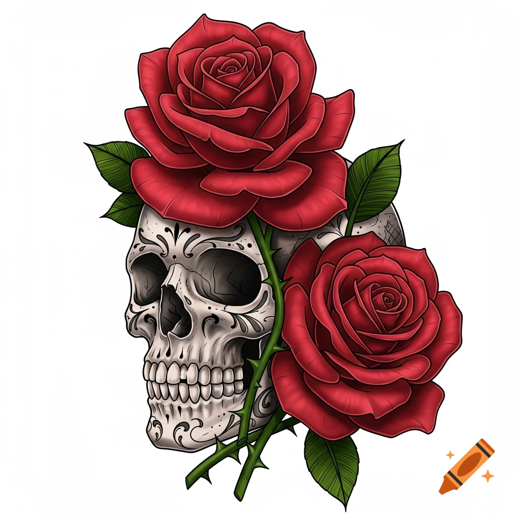 A decorative skull with red roses and green leaves.