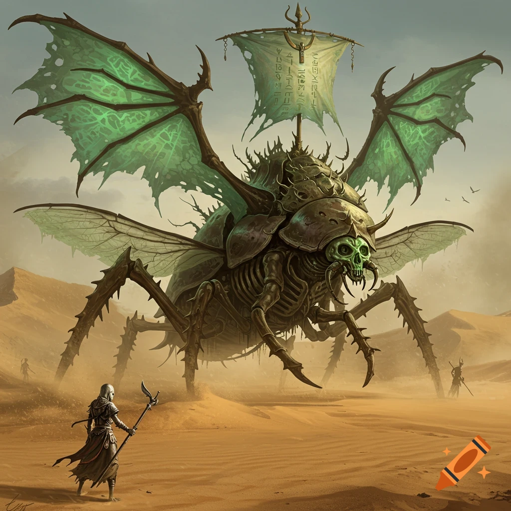 A colossal skeletal insect monster with skull face and sail-like wings stands in a desert, facing warriors.