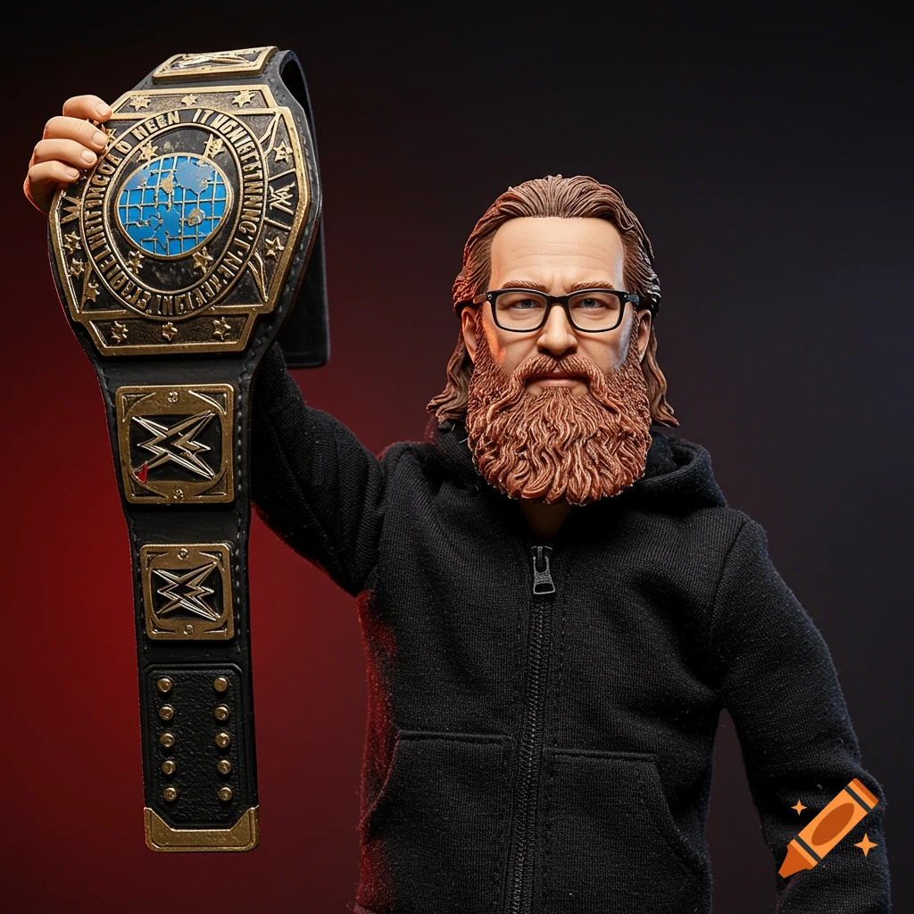Realistic action figure of a bearded man in glasses holding a wrestling belt.