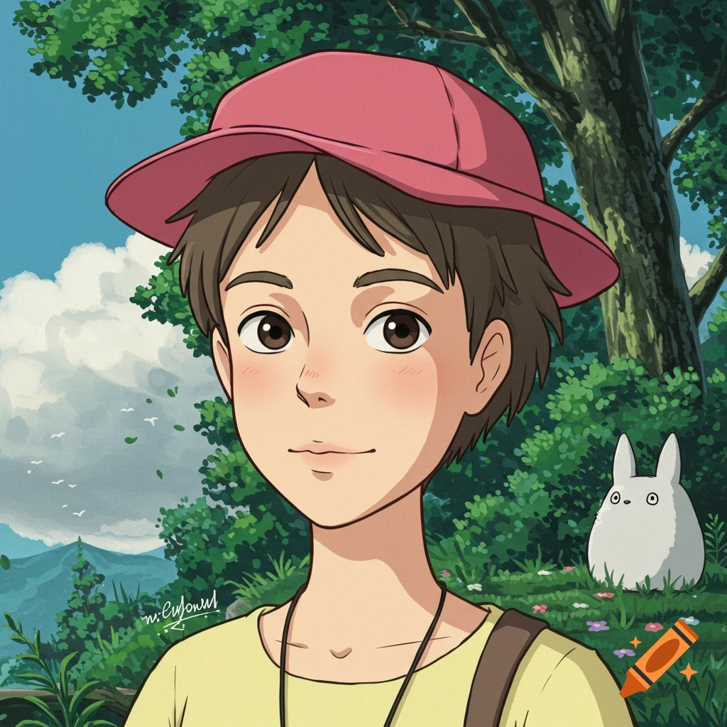 Studio Ghibli-style portrait of a person in a pink hat in a forest with a small white creature.