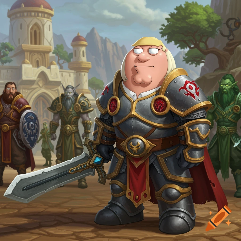 Illustration of Peter Griffin in fantasy armor holding a sword, standing with other fantasy characters.