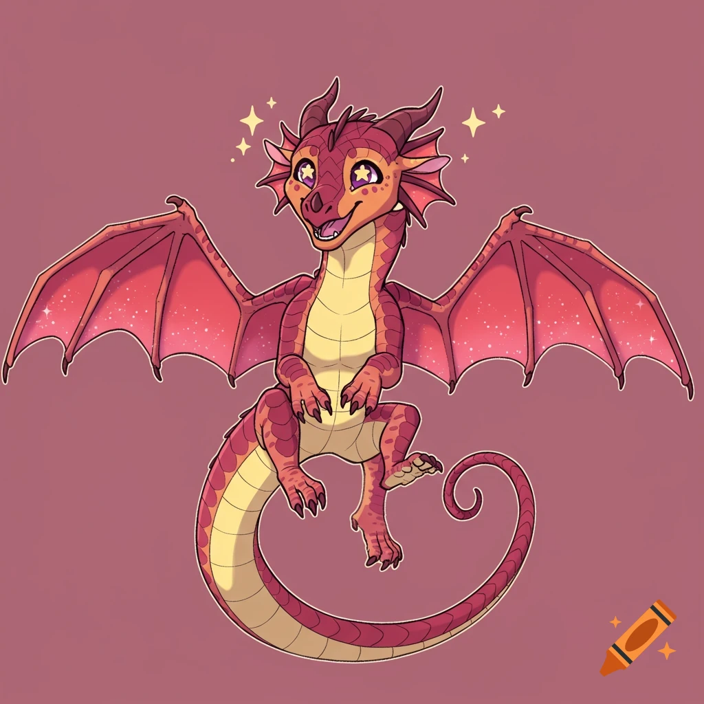 Cartoon dragon with red wings and yellow underbelly smiles against a pink background.