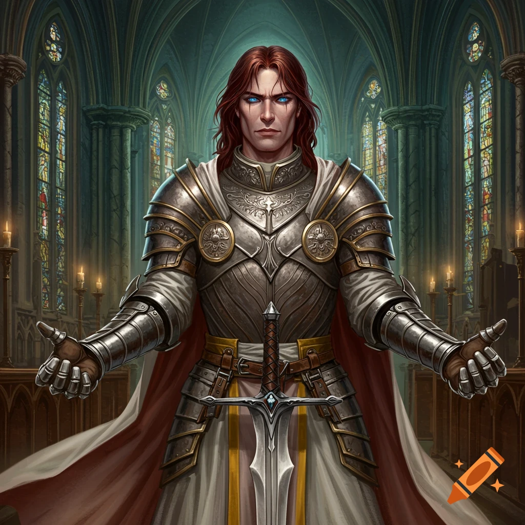 A male character with red hair and blue eyes in ornate fantasy armor stands in a church with stained glass windows.