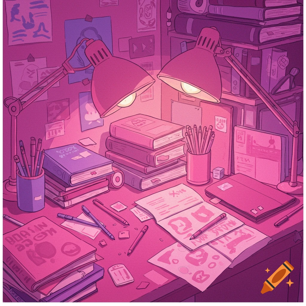 Cluttered desk with books, pens, and papers in pink and purple.