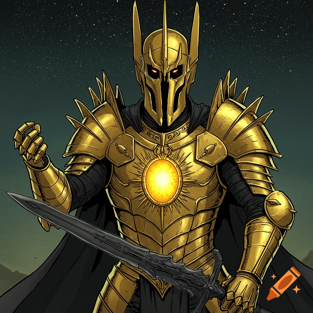 A golden armored fantasy character holds a sword, with a glowing yellow stone in the chestplate.