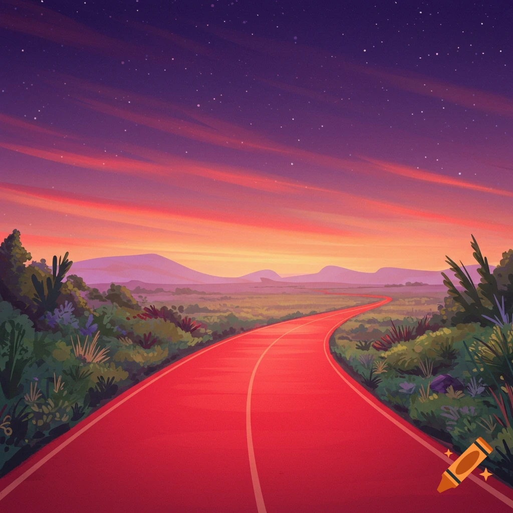 A vibrant red road winds through a landscape at sunset under a starry sky.
