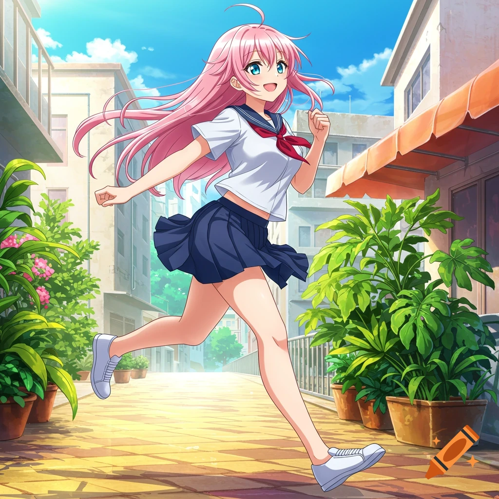 An anime girl with pink hair runs in a school uniform down an outdoor walkway.