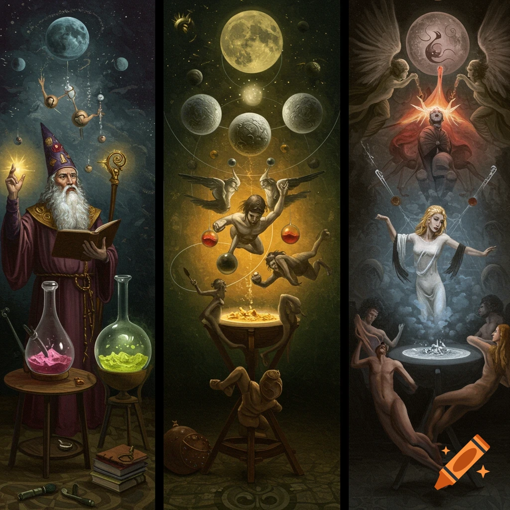 A triptych painting depicting allegorical scenes. Left: Alchemist with flasks under celestial bodies. Middle: Figures swirling around planets. Right: Figures and angels around a table.